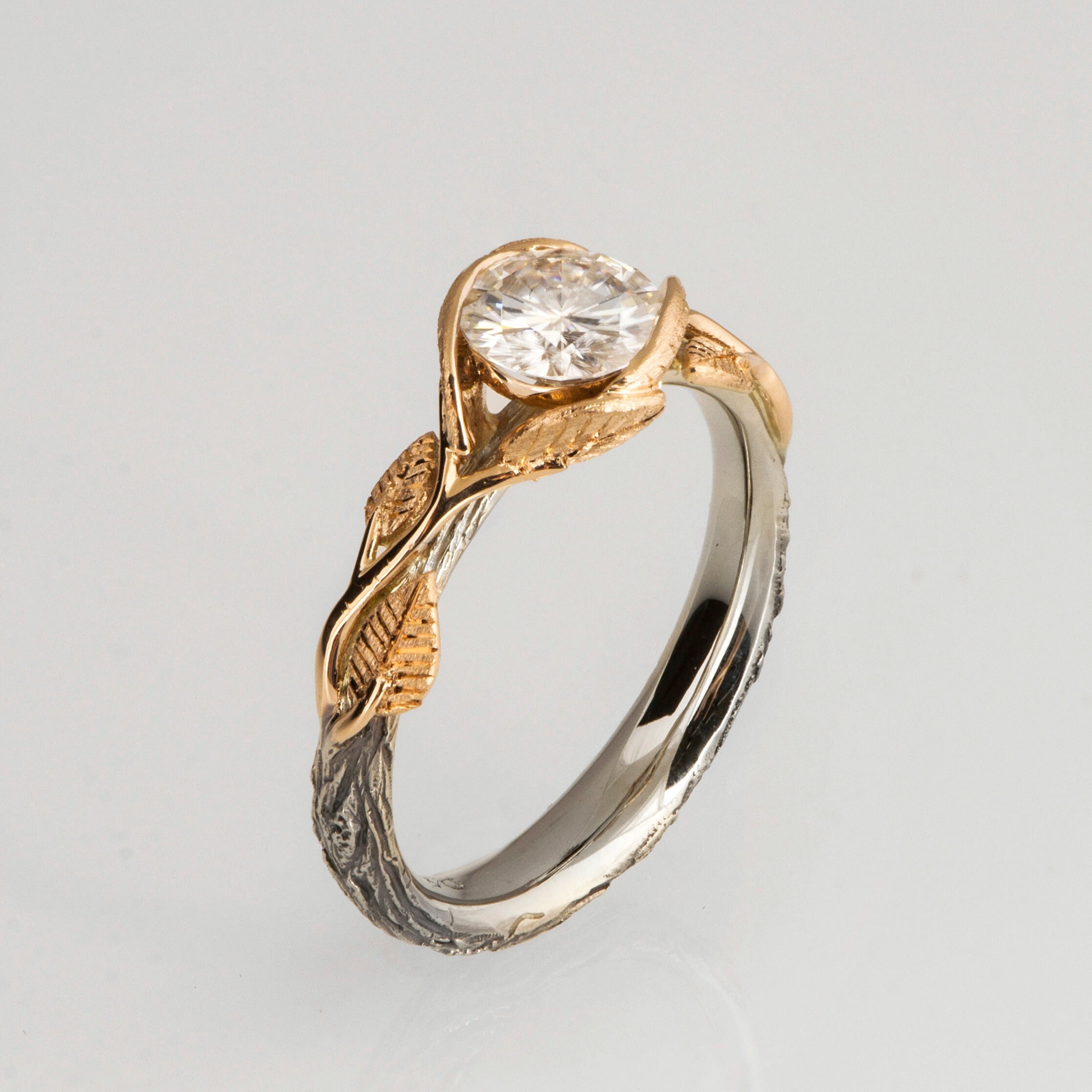 Solid 14k Gold 1ct Moissanite Twig and Leaves Engagement Ring