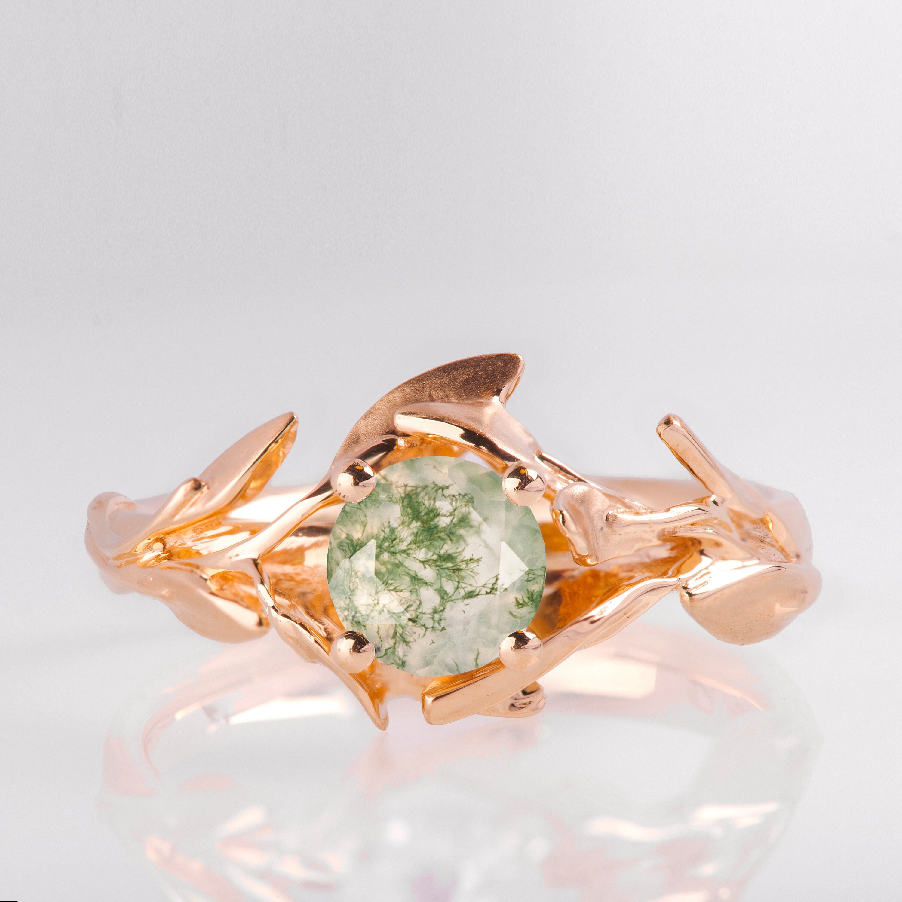 Moss Agate Leaves Engagement Ring