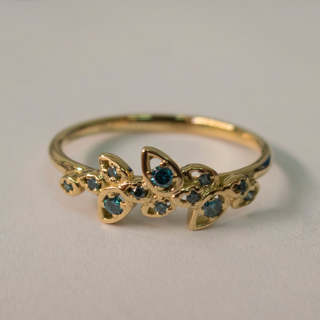 Leaves Engagement Ring 14K Gold and Blue Diamonds Engagement Ring ...