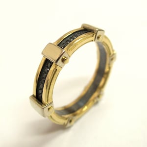 Gold Wedding Band, Men&#39;s 14K Gold and Black Diamond Wedding band, steampunk , mens engagement ring, Wedding ring, black and gold ring