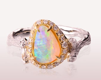 Twig Opal Engagement Ring, Opal engagement ring, Unique Engagement ring, Opal ring, Diamond Opal Ring, Twig Opal Ring, two tone Opal Ring