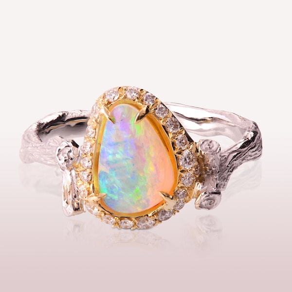 Twig Australian Opal Engagement Ring, Two Tone Gold, Diamond Halo