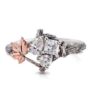 Platinum and Rose Gold Twig and Maple Leaf Diamonds Cluster Multi-stone Engagement Ring