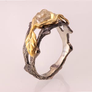 Twig and Leaf 14k Gold Raw Diamond Engagement Ring