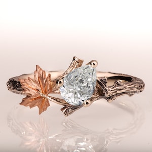 Zweig und Blatt Verlobungsring, Moissanit Verlobungsring, Ahornblatt Ring, Zweig Moissanite Ring
