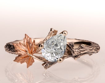 Twig and Leaf Engagement Ring, Moissanite engagement ring, Maple Leaf Ring, moissanite twig ring