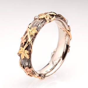 Twig and Maple Leaf Wedding Ring, Platinum and 14 Gold Bark Wedding Ring