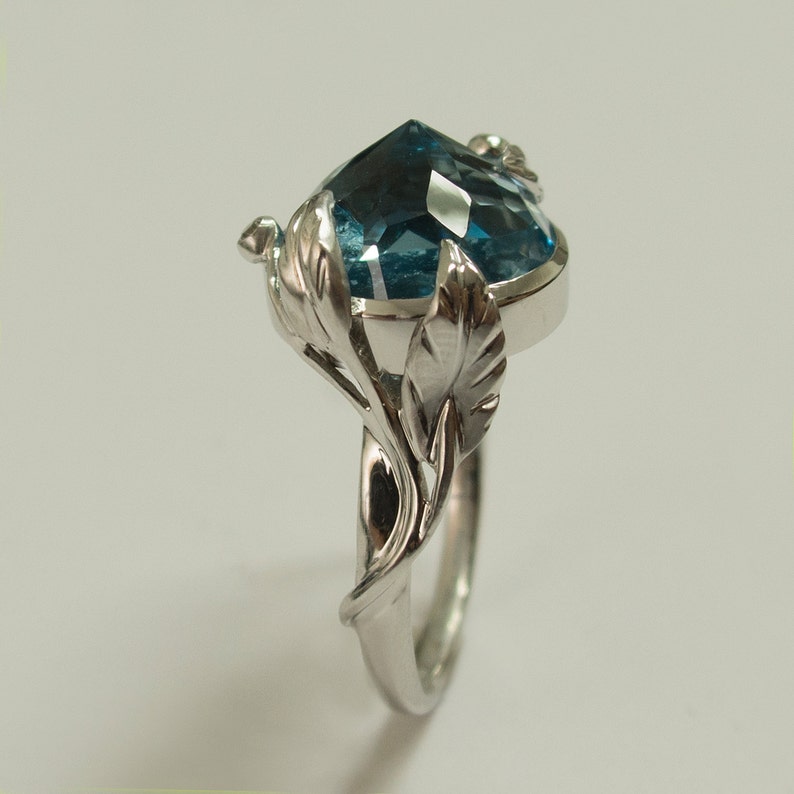 Leaves Engagement Ring No. 12 18K White Gold and Blue Topaz | Etsy
