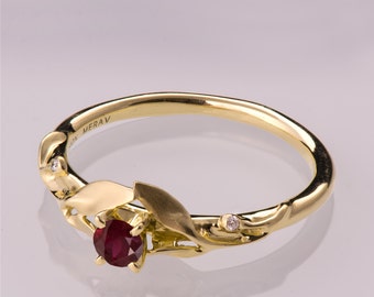 Natural Ruby Ring, Ruby Ring, Leaves Ruby Ring, Gold and Ruby Ring, July Birthstone, Three stone ring, Unique engagement ring, leaf ring, 13