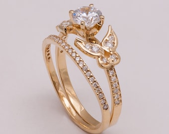 Butterfly Diamond Bridal Set - 14K Gold Engagement Ring, Handmade