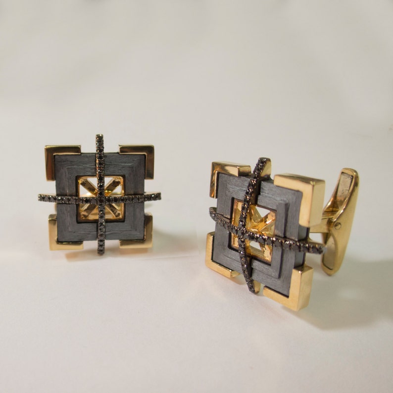 Gold Cuff Links Men's 18K Gold and Oxidized Silver Cuff Etsy