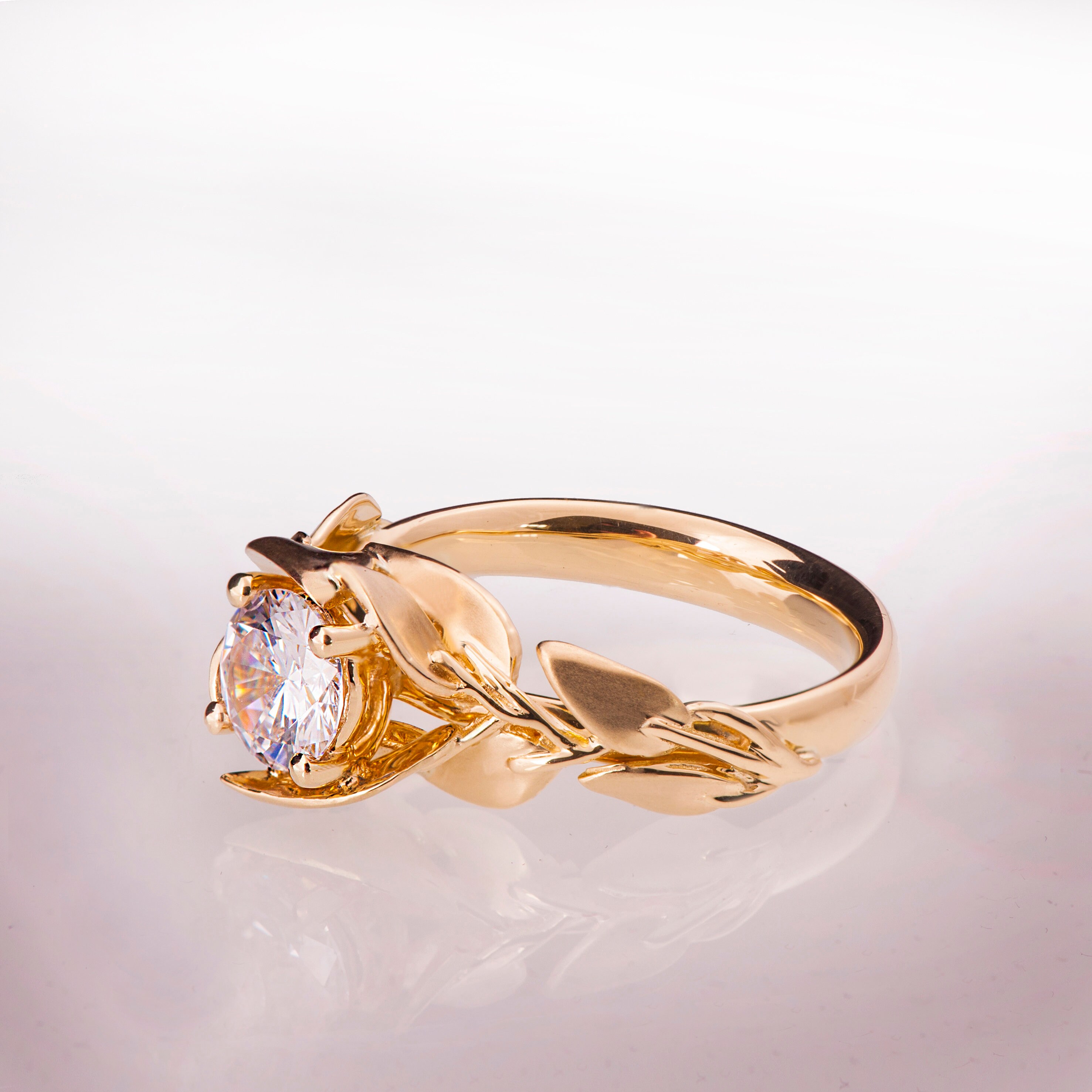 Leaves Engagement Ring No. 7 14K Rose Gold and Moissanite | Etsy