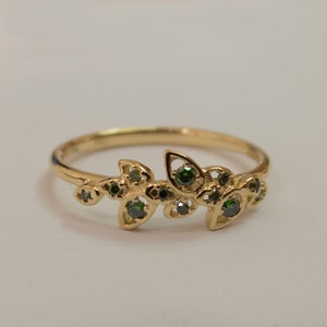 Leaves Engagement Ring  - 14K Gold and Green Diamonds engagement ring, engagement ring, leaf ring, filigree, art nouveau, vintage, 11