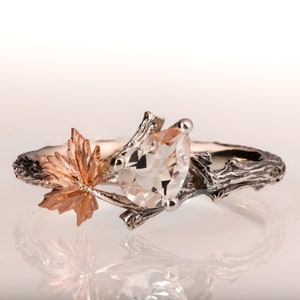 Twig and Leaf Engagement Ring, Morganite engagement ring, Maple Leaf Ring, Morganite twig ring