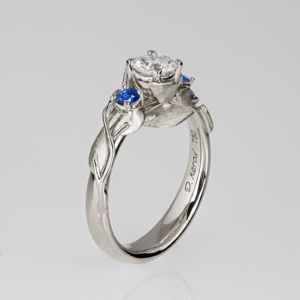 Platin Blatt Verlobungsring, drei Stein Diamant Saphir Natur inspirierten Design