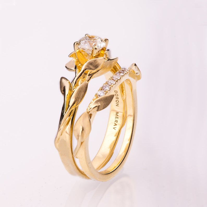 Leaves Engagement Set 14K Gold and Diamond Engagement Ring | Etsy