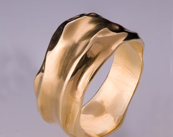 14K Gold Wide Band Ring, Organic Satin Polished Wedding Band
