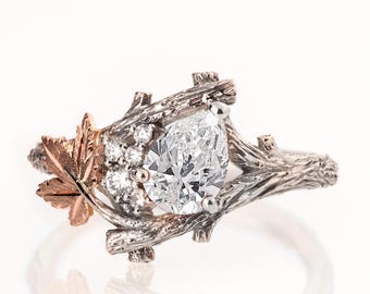 Platinum Pear Diamond Leaf Ring: Twig Engagement Ring