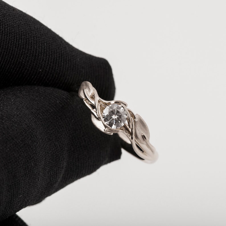 Leaves Engagement Ring, 14K White Gold and Diamond engagement ring, leaf ring, antique, art nouveau, vintage image 9