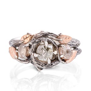 Rough Diamond Bridal Set, Twig and Leaf Engagement Ring, raw diamond ring, Unique Engagement ring, rough diamond ring