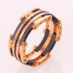 18k Rose Gold Wedding Band: Black Diamond & Oxidized Silver Men&#39;s Ring
