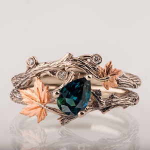 Zweig und Blatt Braut Set, blaugrüner Saphir Verlobungsring, Ahornblatt Ring, grüner Saphir Zweig Ring