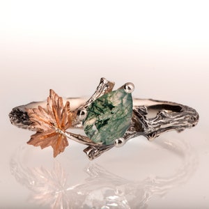 Twig and Leaf Engagement Ring, Moss Agate engagement ring, Maple Leaf Ring, Moss Agate twig ring