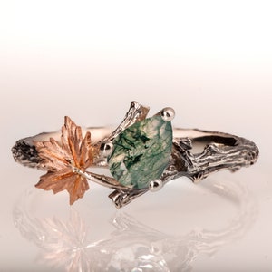 Zweig und Blatt Verlobungsring, Moosachat Verlobungsring, Ahornblatt Ring, Moosachat Zweigring