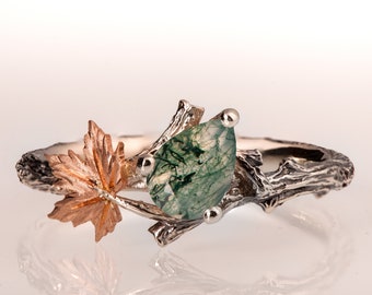 Takje en blad verlovingsring, Moss Agaat verlovingsring, Maple Leaf Ring, Moss Agaat takje ring