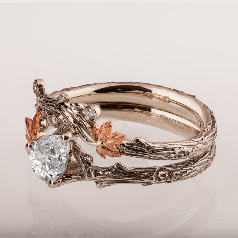 Twig and Leaf Engagement Ring, Moissanite engagement ring, Maple Leaf Ring, moissanite twig ring, Twig Bridal Set image 4