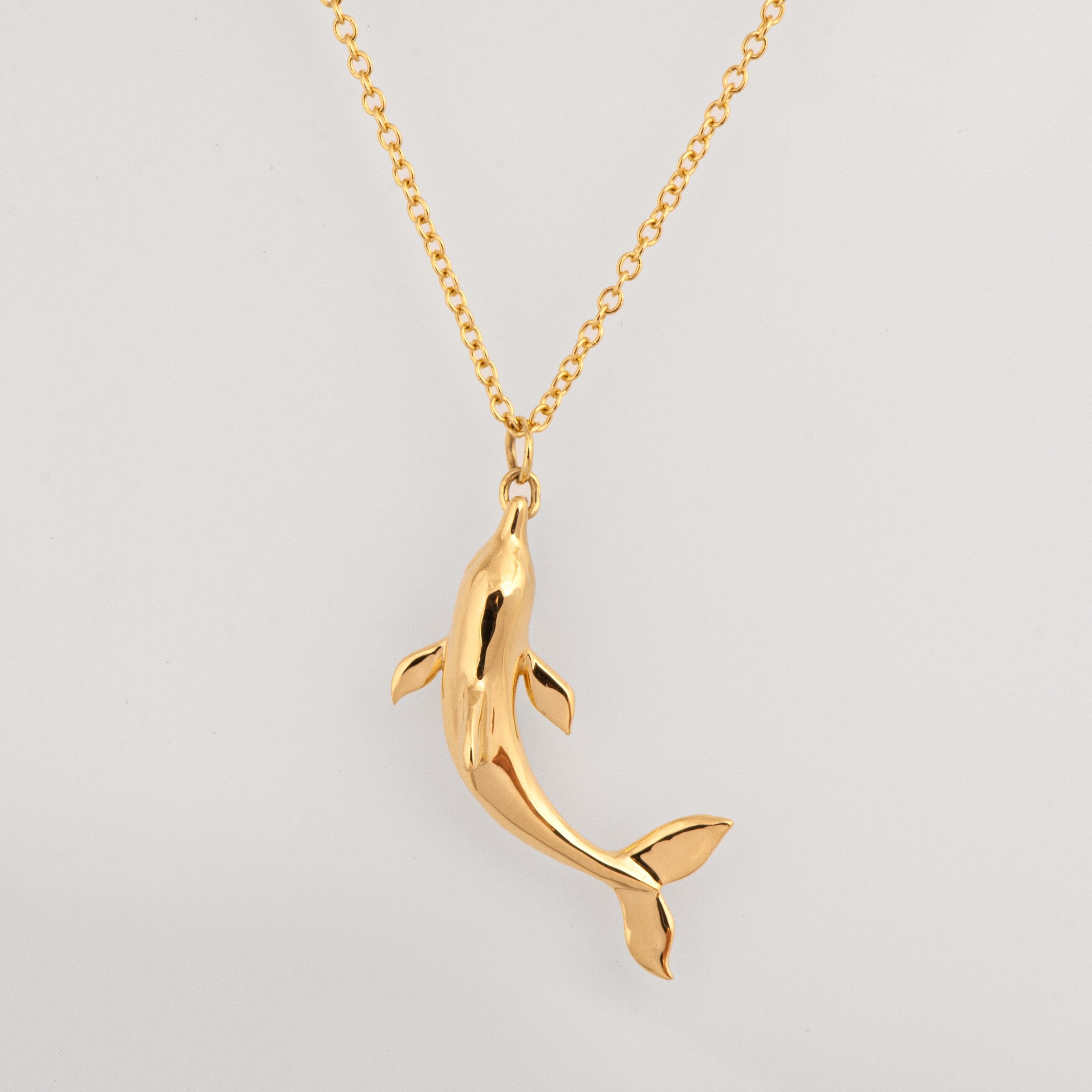 Real 14K Yellow Gold Heart Triple Three Dolphin Fish Diamond Cut Pendant Charm 