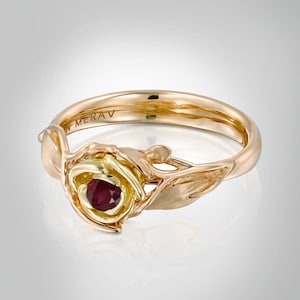 Rose Engagement Ring, Two Tone Ruby Engagement Ring, unique engagement ring, leaf ring, flower ring