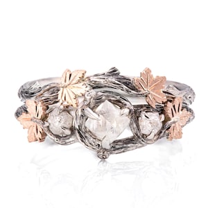 Black Twig and Rose Gold Maple Leaves 3 Stone Raw Diamonds Bridal Set