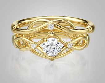 Celtic Wedding Set, Forever One Moissanite Bridal Set, Bridal Set, Unique engagement ring, Knot wedding set, celtic ring, knot ring