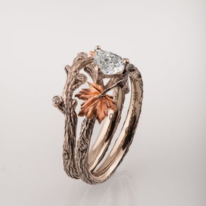 Twig and Leaf Engagement Ring, Moissanite engagement ring, Maple Leaf Ring, moissanite twig ring, Twig Bridal Set image 5