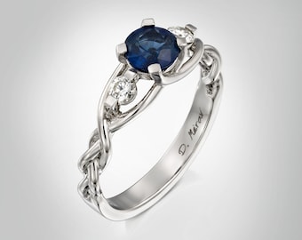 Braided Engagement Ring, Blue Sapphire and Diamonds engagement ring, unique engagement ring, celtic ring, three stone ring