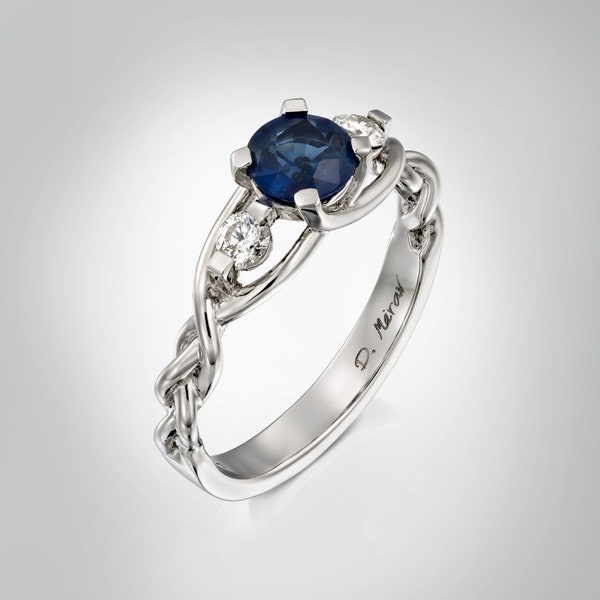 Braided Engagement Ring, Blue Sapphire and Diamonds engagement ring, unique engagement ring, celtic ring, three stone ring