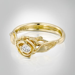 Rose Engagement Ring, 14K Gold and Diamond engagement ring, unique engagement ring, leaf ring, flower, antique, art nouveau, vintage