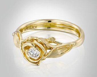 Rose Engagement Ring, 14K Gold and Diamond engagement ring, unique engagement ring, leaf ring, flower, antique, art nouveau, vintage