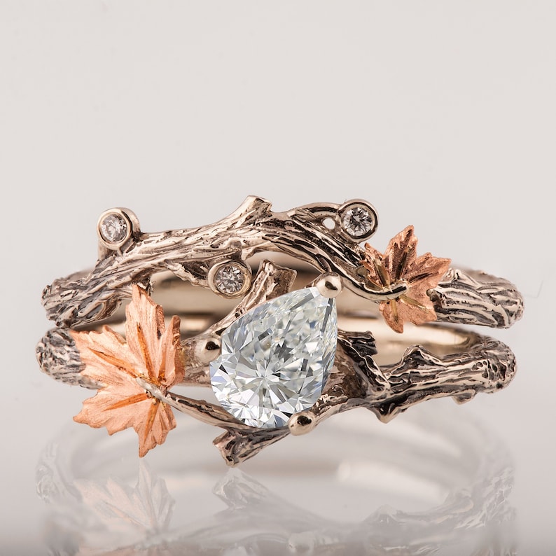 Twig and Leaf Engagement Ring, Moissanite engagement ring, Maple Leaf Ring, moissanite twig ring, Twig Bridal Set image 1