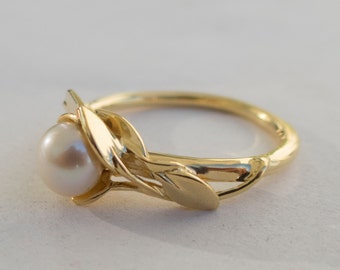 Pearl Ring, Pearl engagement ring, Leaves Engagement Ring, leaves pearl ring