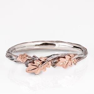 Handmade 14k Twig and Oak Leaf Wedding Ring: Two-Tone Gold