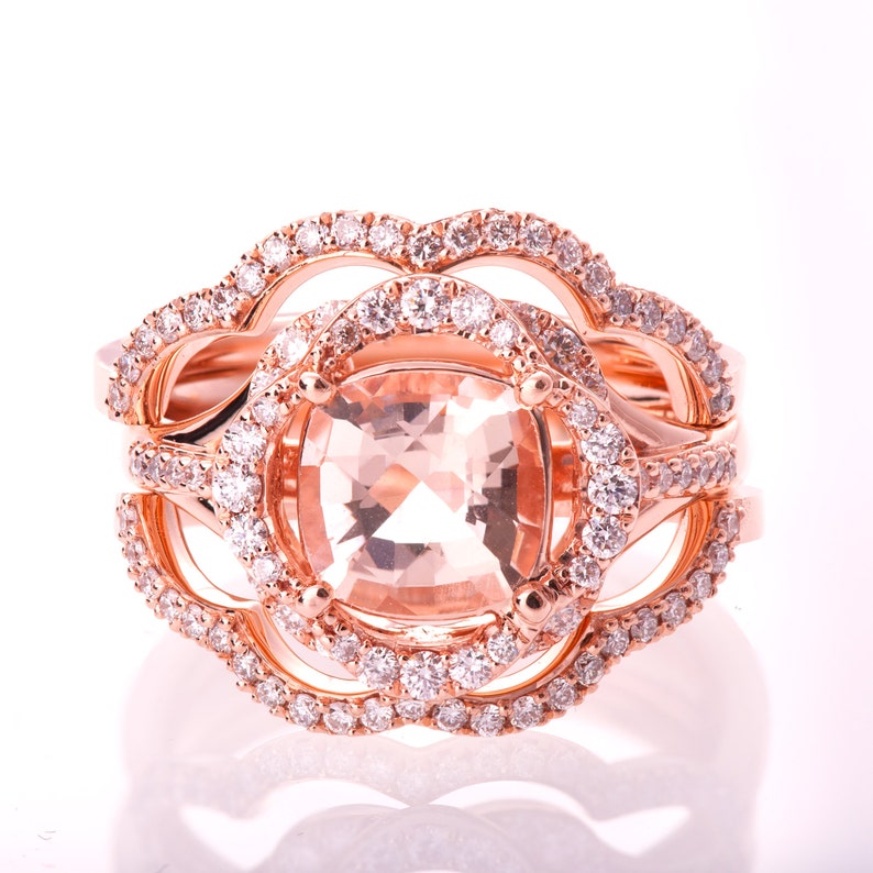 Morganite Engagement Set, Morganite Bridal Set, Unique Engagement Set, Art Deco, Cushion Cut Morganite Set, Rose Gold Morganite Set, r022 image 1