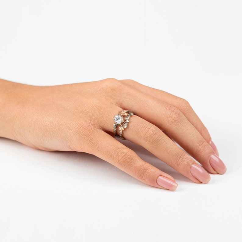 Twig and Leaf Engagement Ring, Moissanite engagement ring, Maple Leaf Ring, moissanite twig ring, Twig Bridal Set image 2