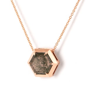 Solid Rose Gold Large Hexagon Moss Agate Claw Set Pendant