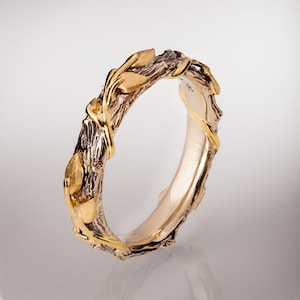 Twig and Leaf Wedding Ring, Twig Wedding band, Leaf Wedding Ring, Bark Wedding Ring, Unique Wedding ring, Two tone Wedding band, 13