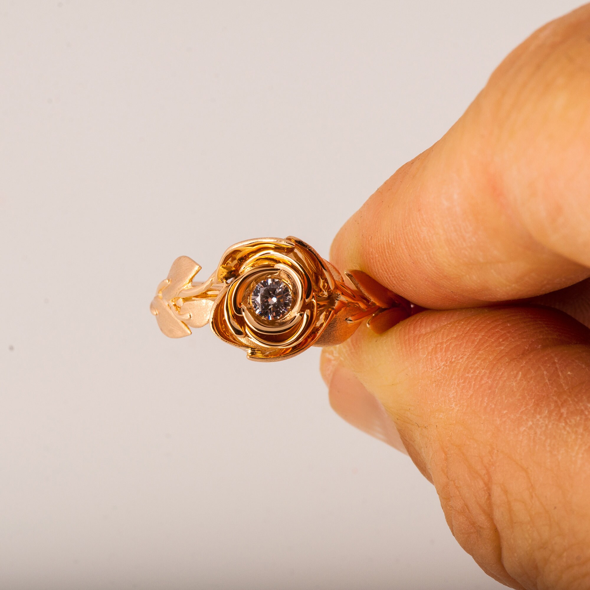 Rose Gold Diamond Engagement Ring, Handmade Floral Leaf Ring - Etsy