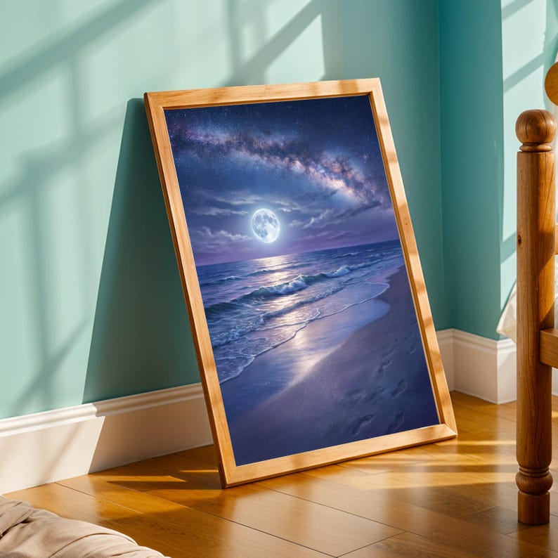 Moonlit Beach Art Print — Realistic Ocean, Moonlit Night Sky, Warm ...