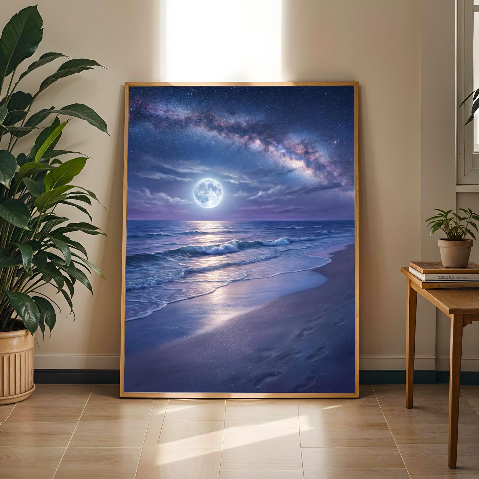 Moonlit Beach Art Print — Realistic Ocean, Moonlit Night Sky, Warm ...