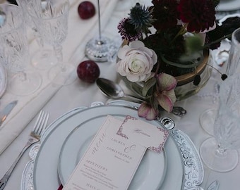 Menú de boda personalizado y juego de tarjetas de lugar / Cartulina impresa / Elegante configuración de mesa